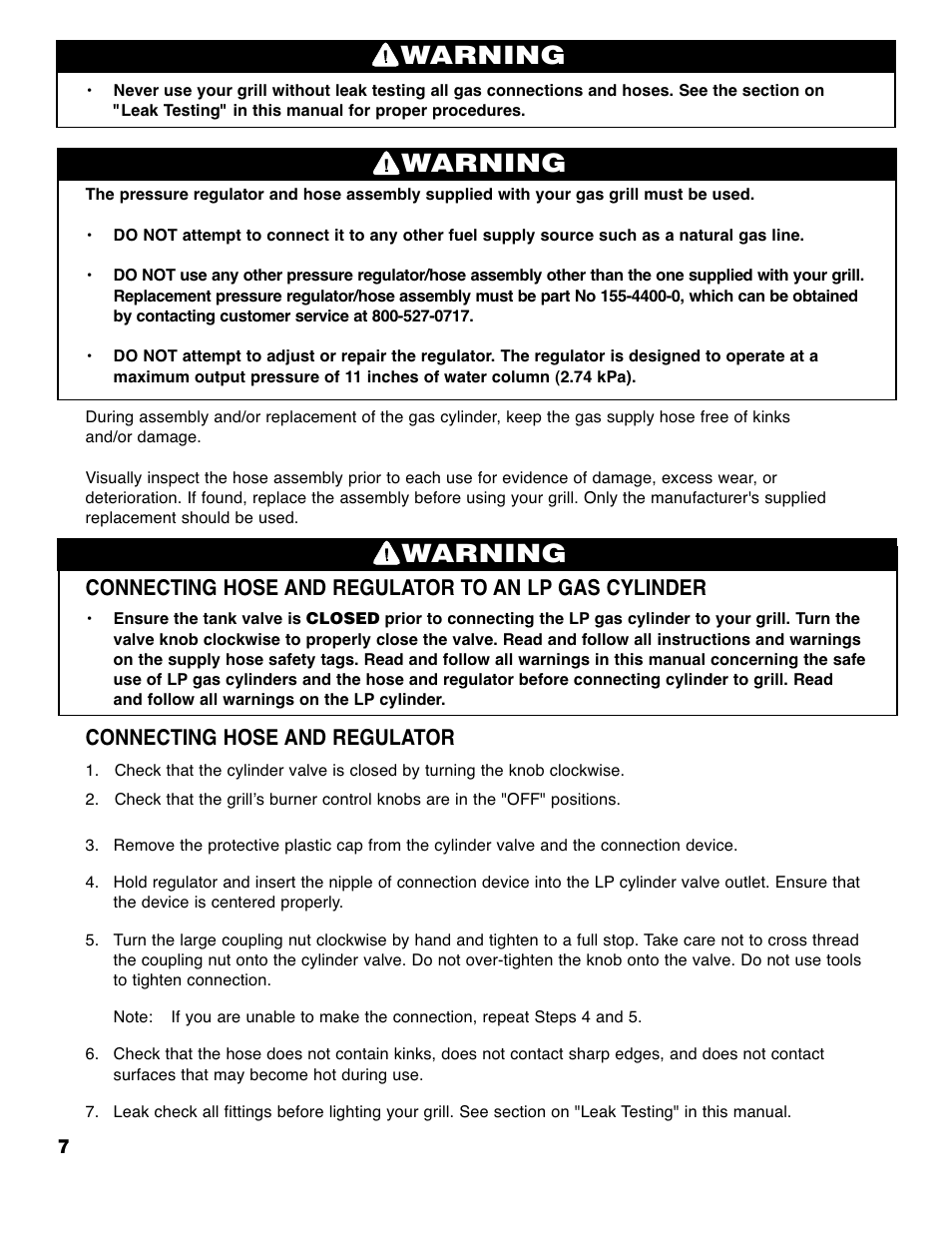 Warning, Connecting hose and regulator | Brinkmann 4445 User Manual | Page 8 / 36