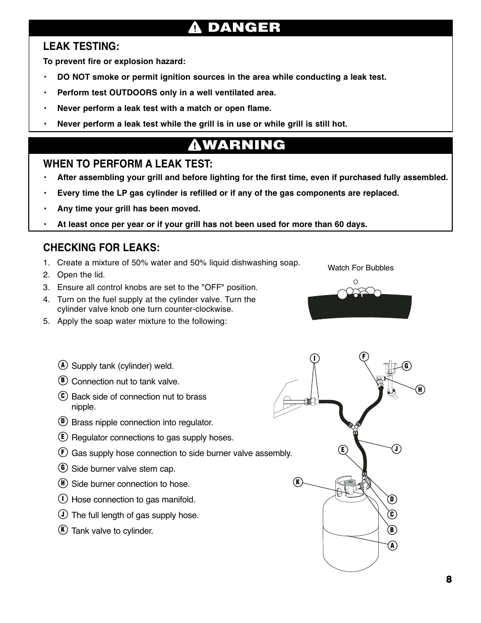 Warning, Danger, Leak testing | When to perform a leak test, Checking for leaks | Brinkmann 4445 User Manual | Page 9 / 36