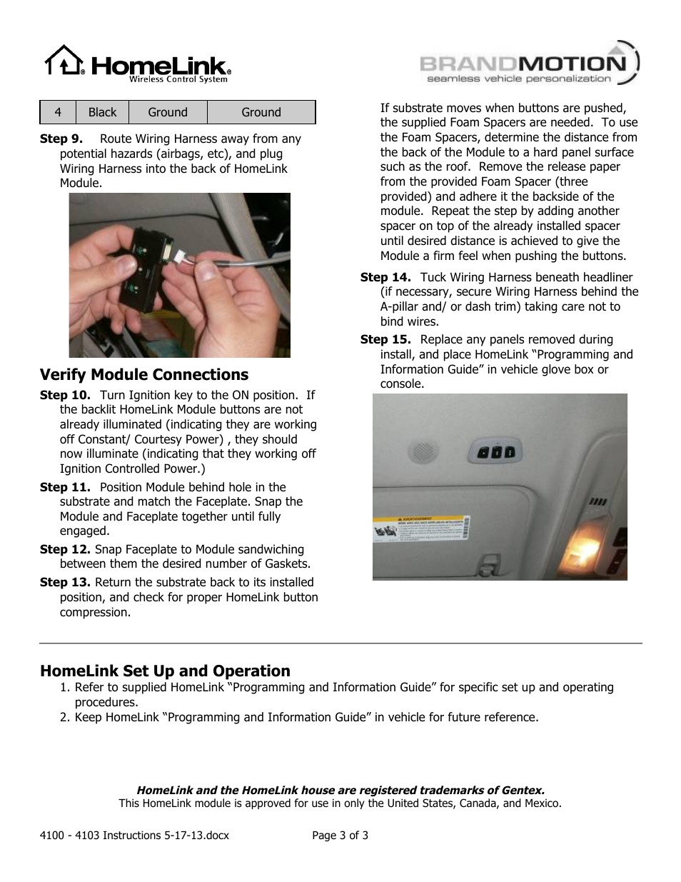 Verify module connections, Homelink set up and operation | Brandmotion 2000-4103 User Manual | Page 3 / 3