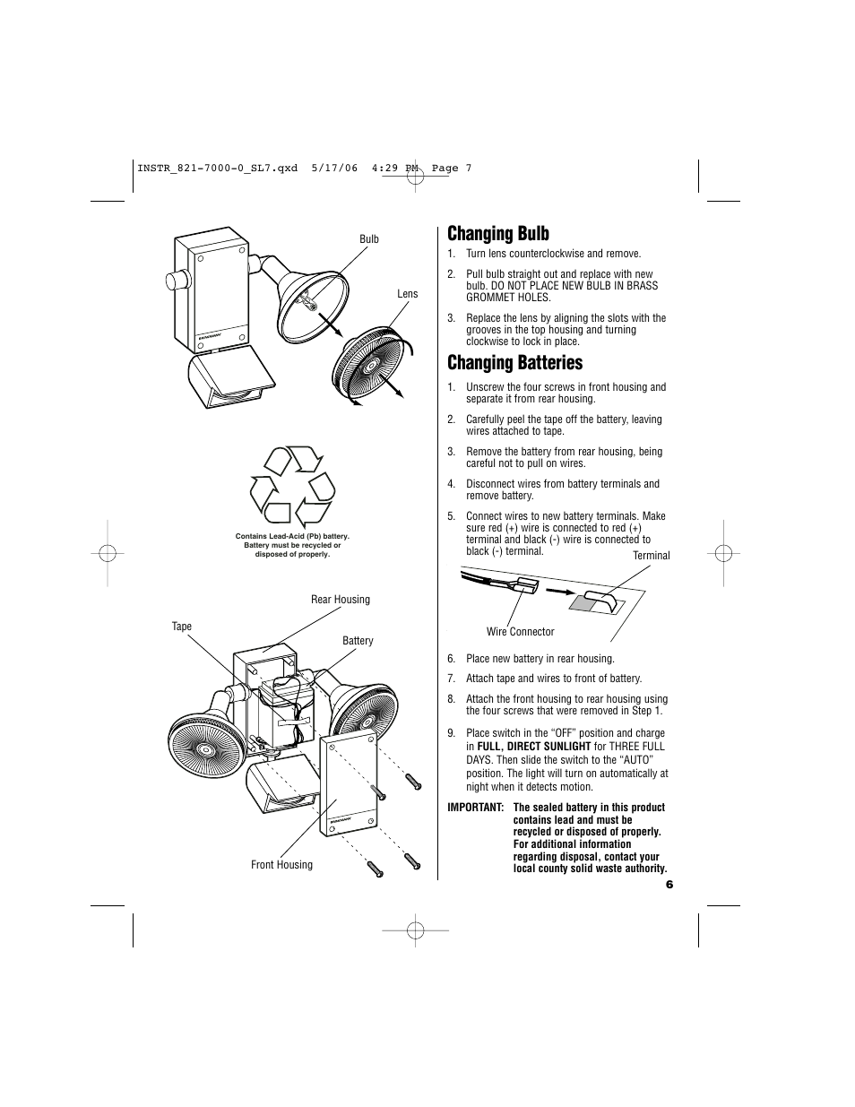 Changing batteries, Changing bulb | Brinkmann Sl 7 User Manual | Page 7 / 12