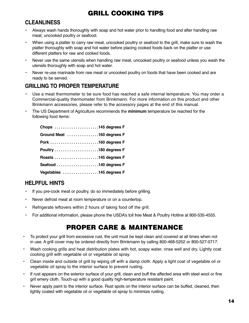Grill cooking tips, Proper care & maintenance, Cleanliness | Grilling to proper temperature, Helpful hints | Brinkmann 2310 User Manual | Page 15 / 36
