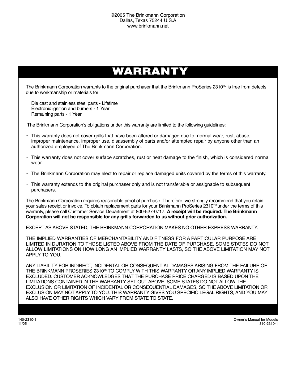 Warranty | Brinkmann 2310 User Manual | Page 36 / 36