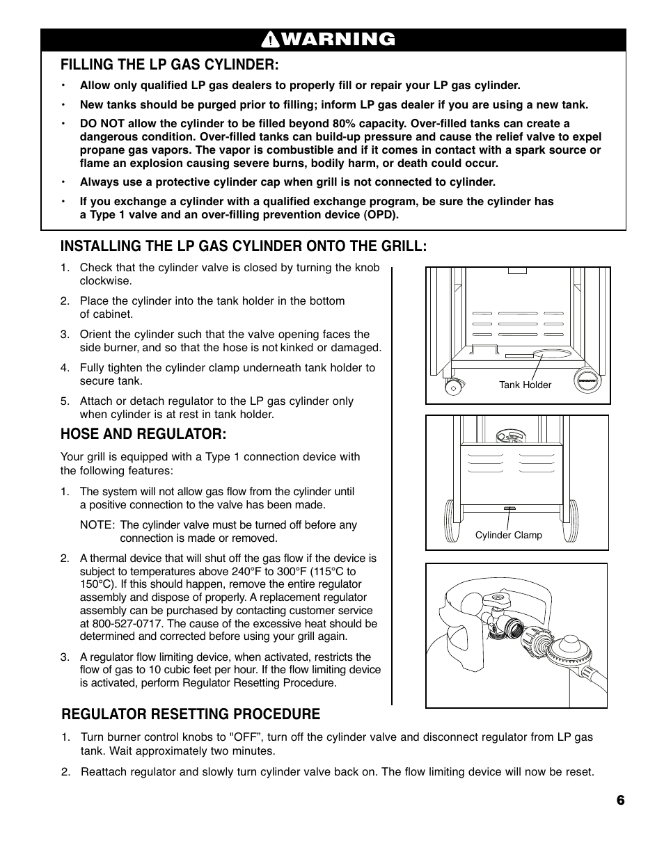 Warning, Filling the lp gas cylinder, Installing the lp gas cylinder onto the grill | Hose and regulator, Regulator resetting procedure | Brinkmann 2310 User Manual | Page 7 / 36