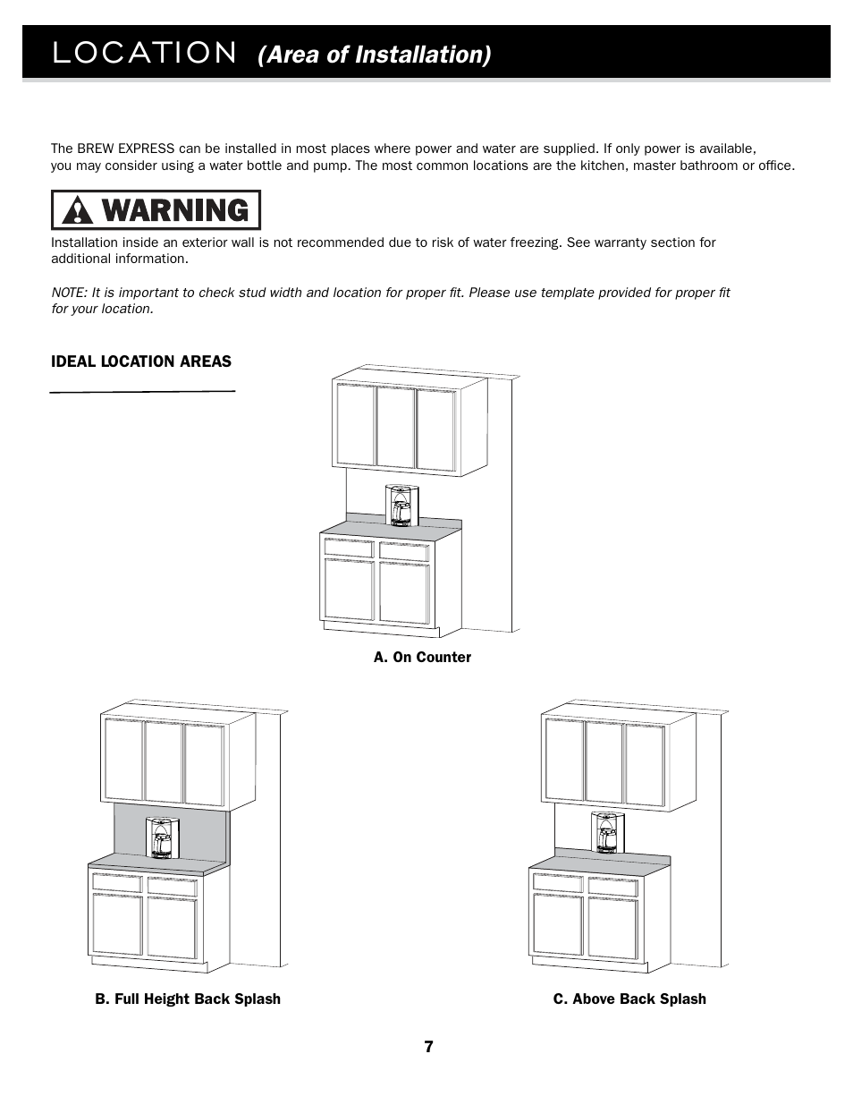 Location, Area of installation) | Brew Express BE-110 INSTALLATION User Manual | Page 10 / 20
