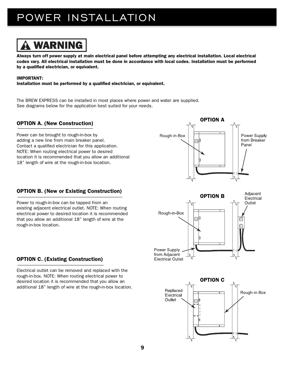 Power installation | Brew Express BE-110 INSTALLATION User Manual | Page 12 / 20