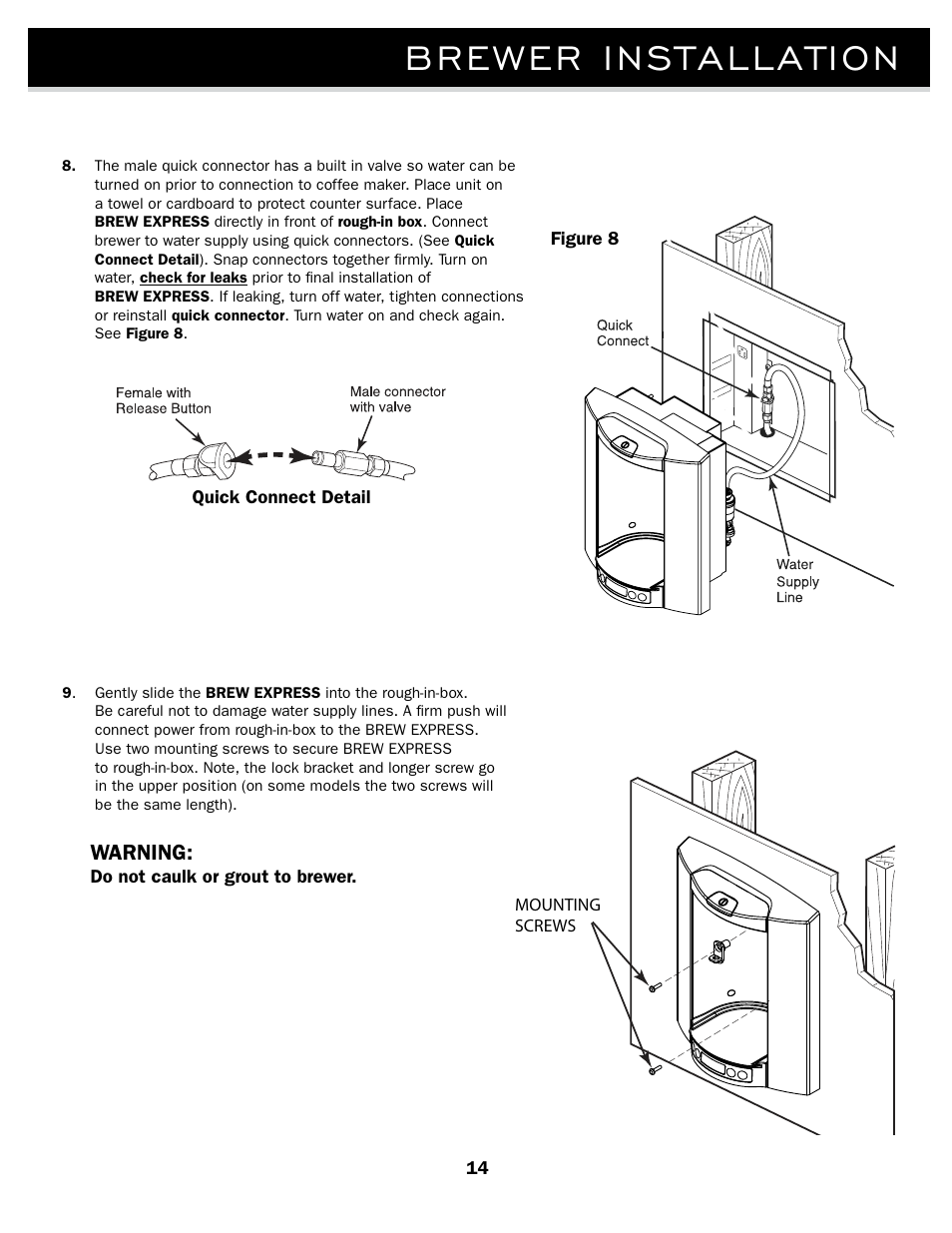 Brewer installation, Warning | Brew Express BE-110 INSTALLATION User Manual | Page 17 / 20