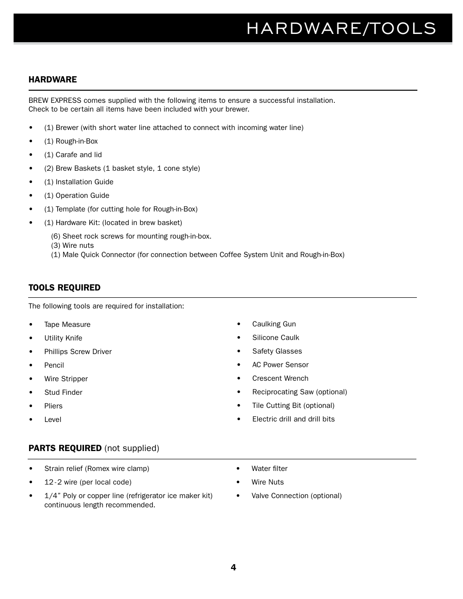 Hardware/tools | Brew Express BE-110 INSTALLATION User Manual | Page 7 / 20