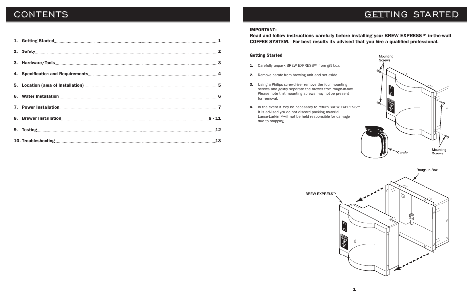 Cont en ts, Get ting started | Brew Express BE-112 INSTALLATION User Manual | Page 2 / 9