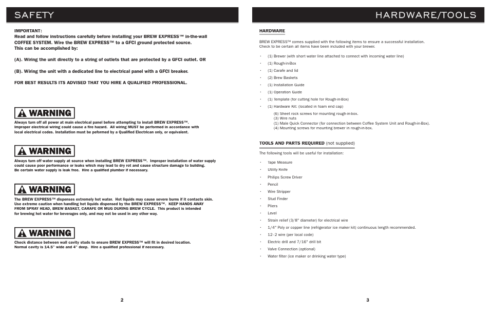 Safety hardware/tools | Brew Express BE-112 INSTALLATION User Manual | Page 3 / 9