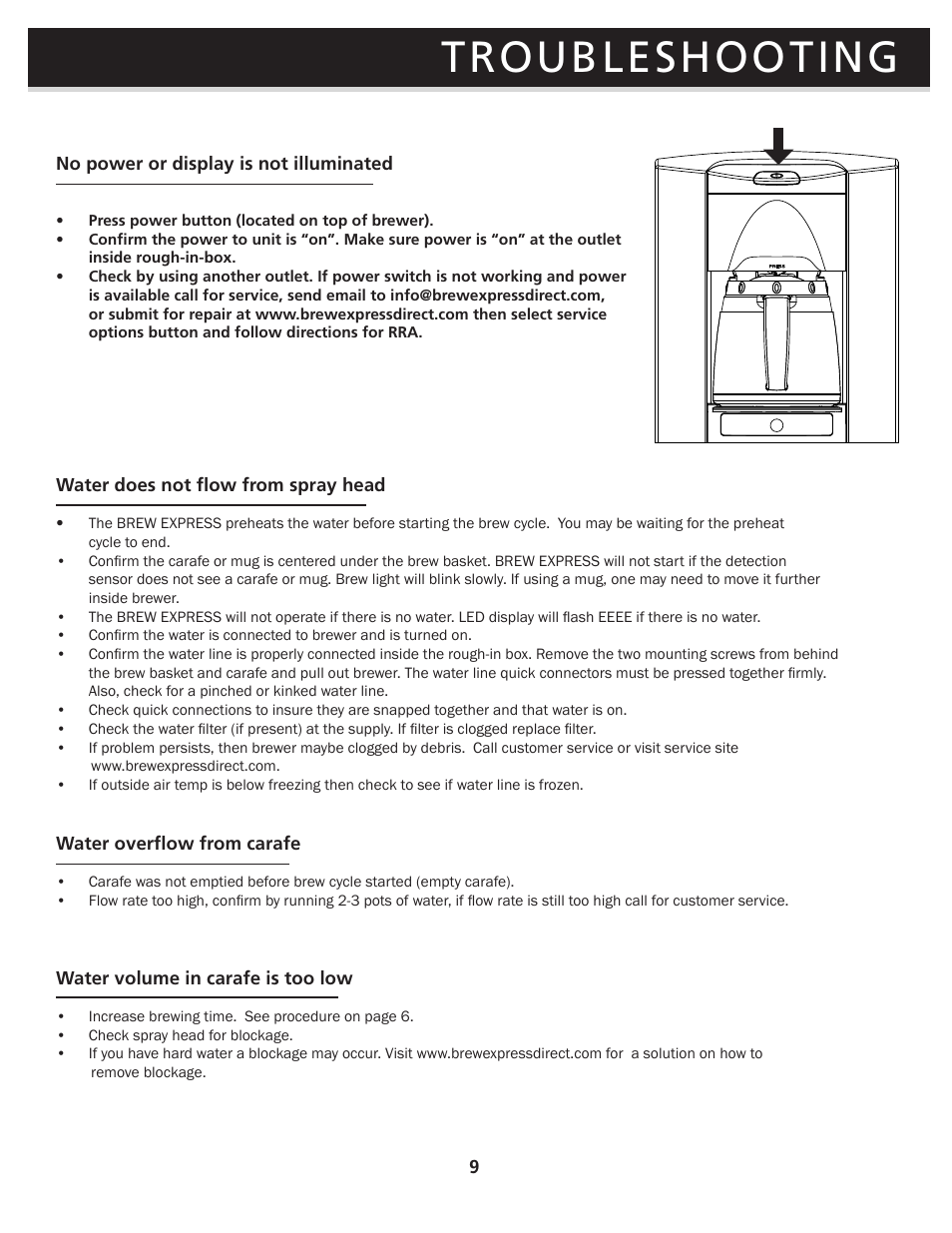 Troubleshooting | Brew Express BE-110 OPERATION GUIDE User Manual | Page 11 / 16