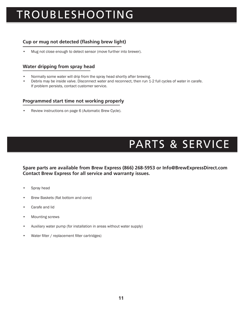 Parts & service troubleshooting | Brew Express BE-110 OPERATION GUIDE User Manual | Page 13 / 16