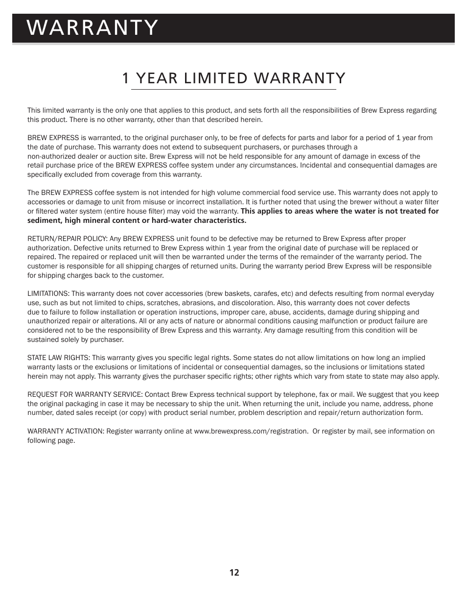 Warranty, 1 year limited warranty | Brew Express BE-110 OPERATION GUIDE User Manual | Page 14 / 16