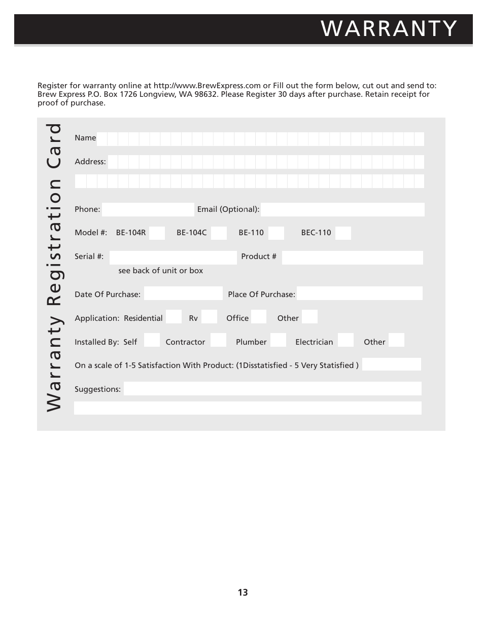 Warranty, Warranty registration card | Brew Express BE-110 OPERATION GUIDE User Manual | Page 15 / 16