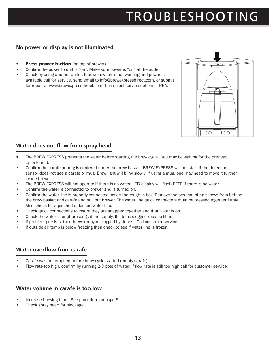 Troubleshooting | Brew Express BEC-110 OPERATION GUIDE User Manual | Page 15 / 20