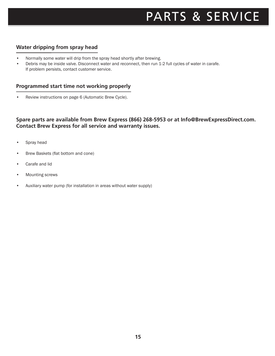 Parts & service | Brew Express BEC-110 OPERATION GUIDE User Manual | Page 17 / 20