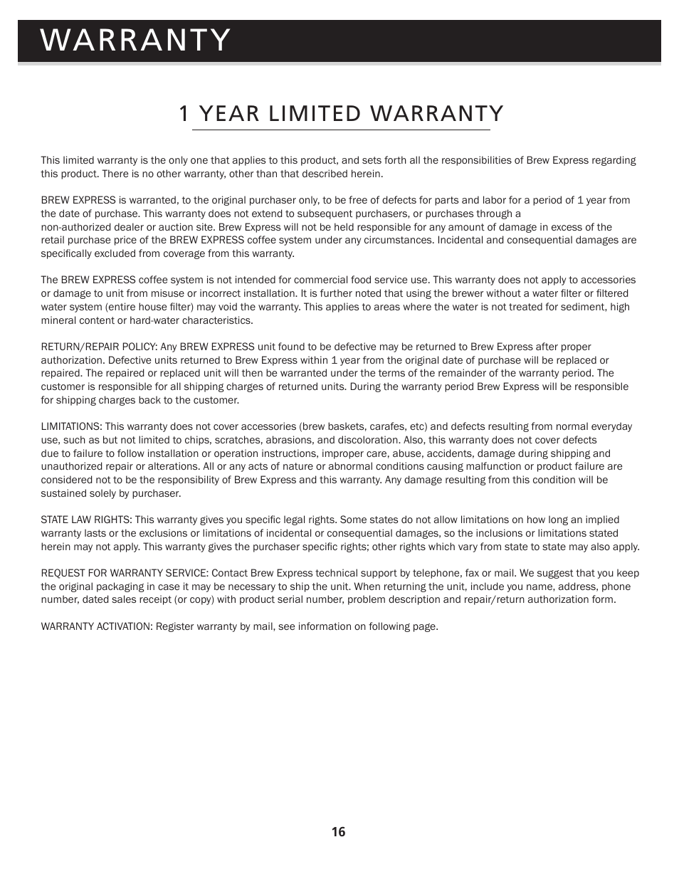 Warranty, 1 year limited warranty | Brew Express BEC-110 OPERATION GUIDE User Manual | Page 18 / 20