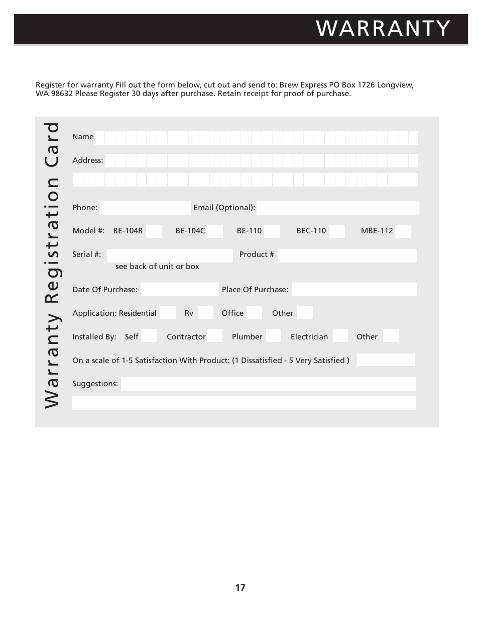 Warranty, Warranty registration card | Brew Express BEC-110 OPERATION GUIDE User Manual | Page 19 / 20