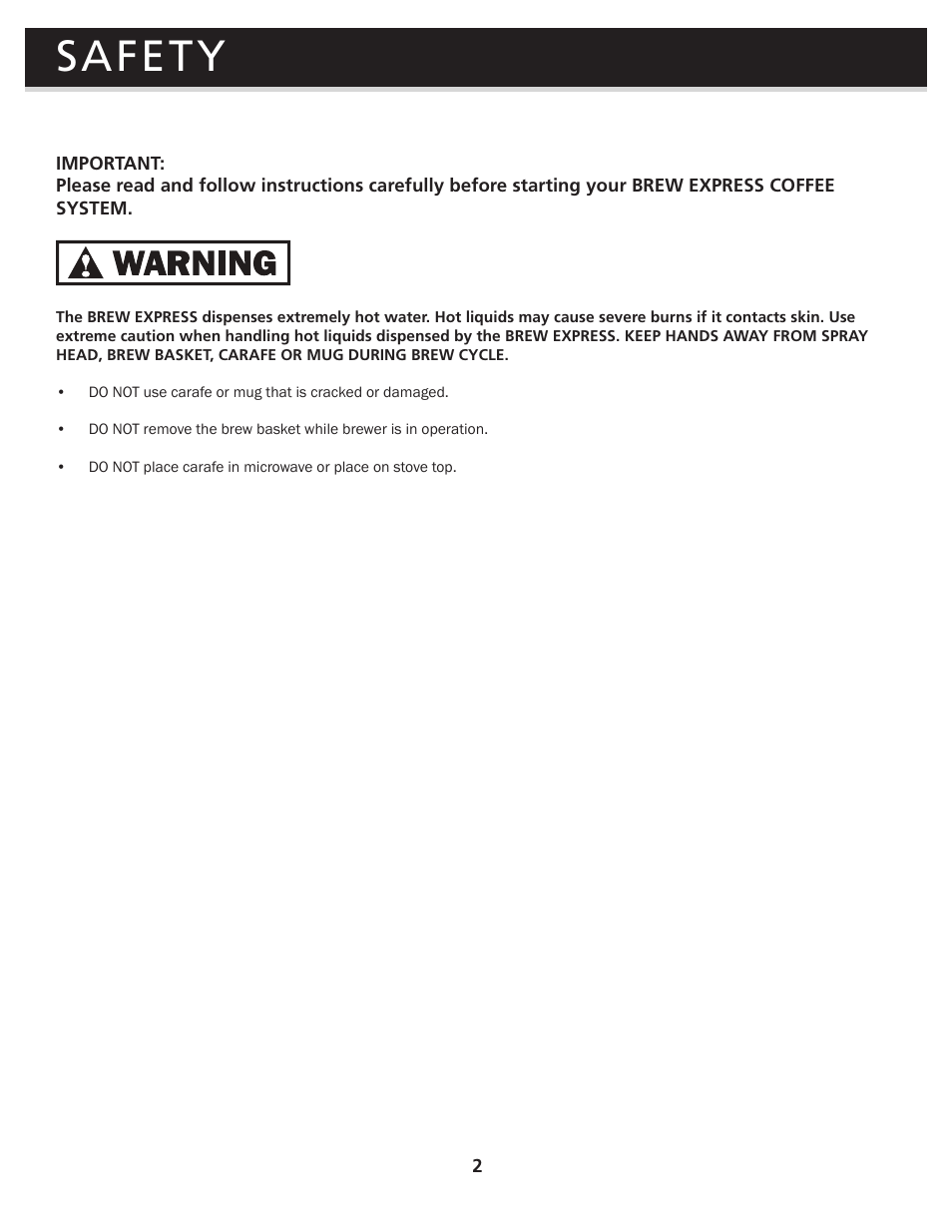 Safety | Brew Express BEC-110 OPERATION GUIDE User Manual | Page 4 / 20