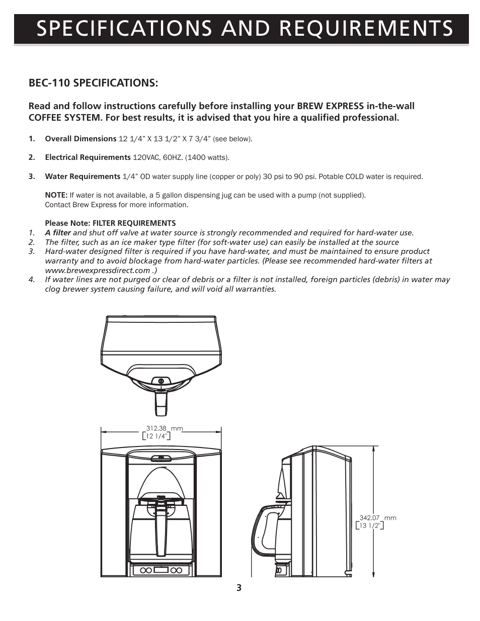 Specifications and requirements, Bec-110 specifications | Brew Express BEC-110 OPERATION GUIDE User Manual | Page 5 / 20