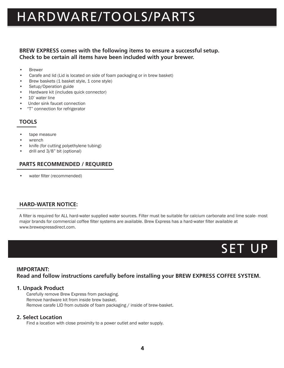 Hardware/tools/parts, Set up | Brew Express BEC-110 OPERATION GUIDE User Manual | Page 6 / 20