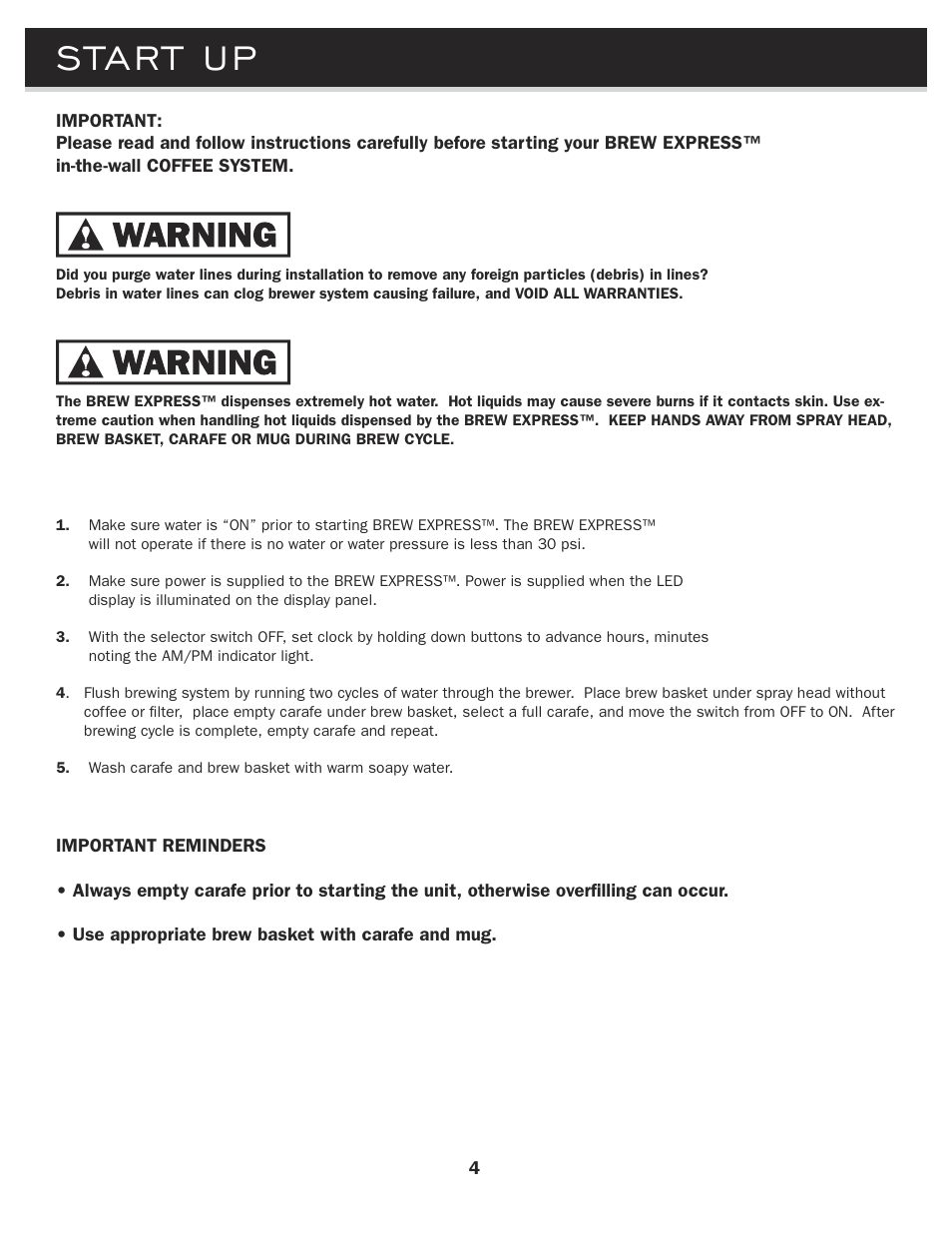Start up | Brew Express BE-112 OPERATION GUIDE User Manual | Page 6 / 12