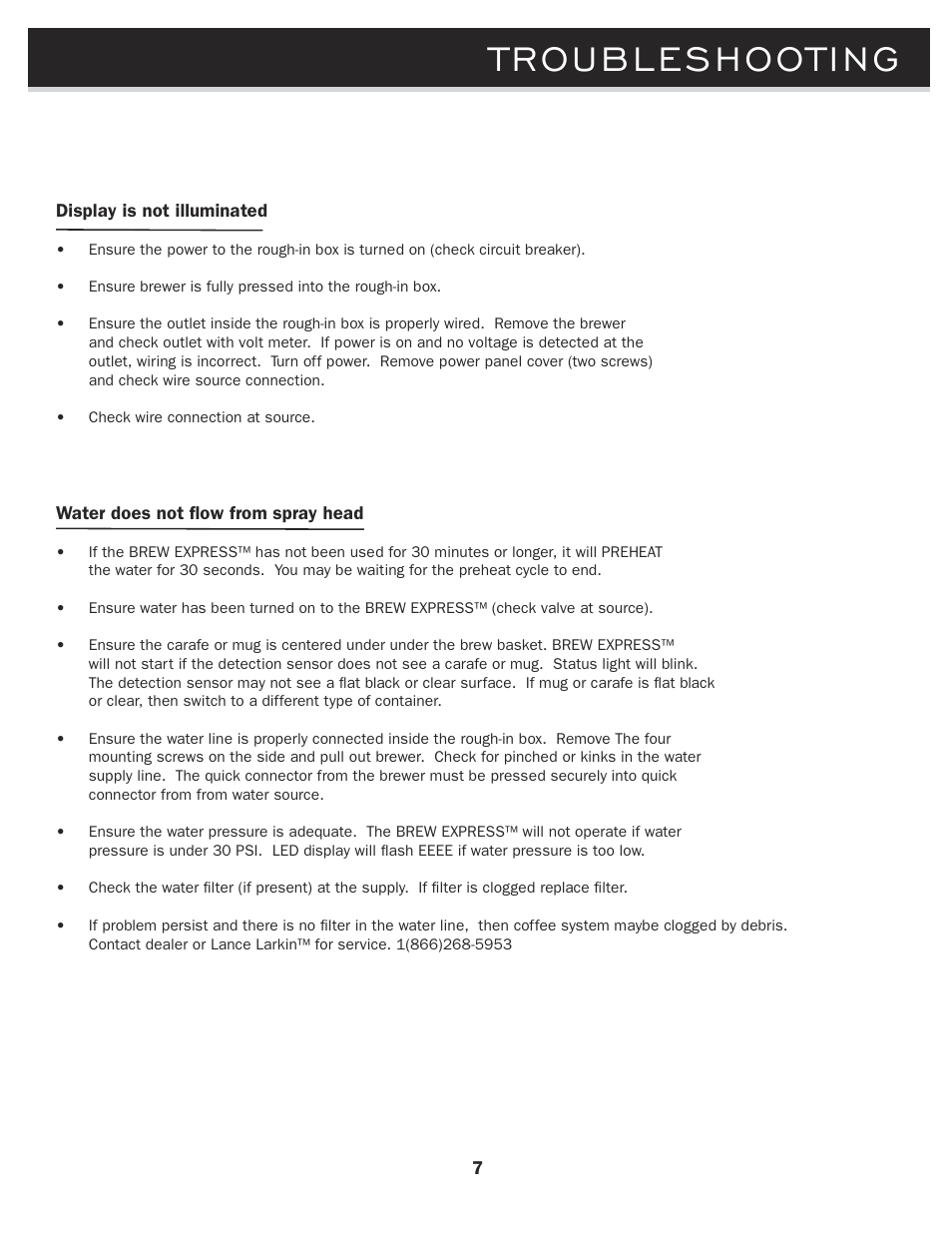 Troubleshooting | Brew Express BE-112 OPERATION GUIDE User Manual | Page 9 / 12