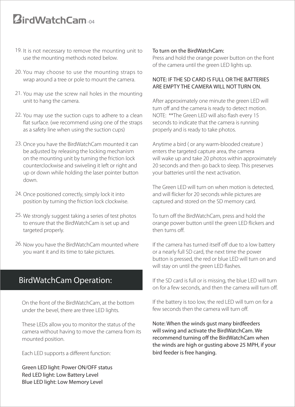 Birdwatchcam operation | Brinno BWC User Manual | Page 6 / 8