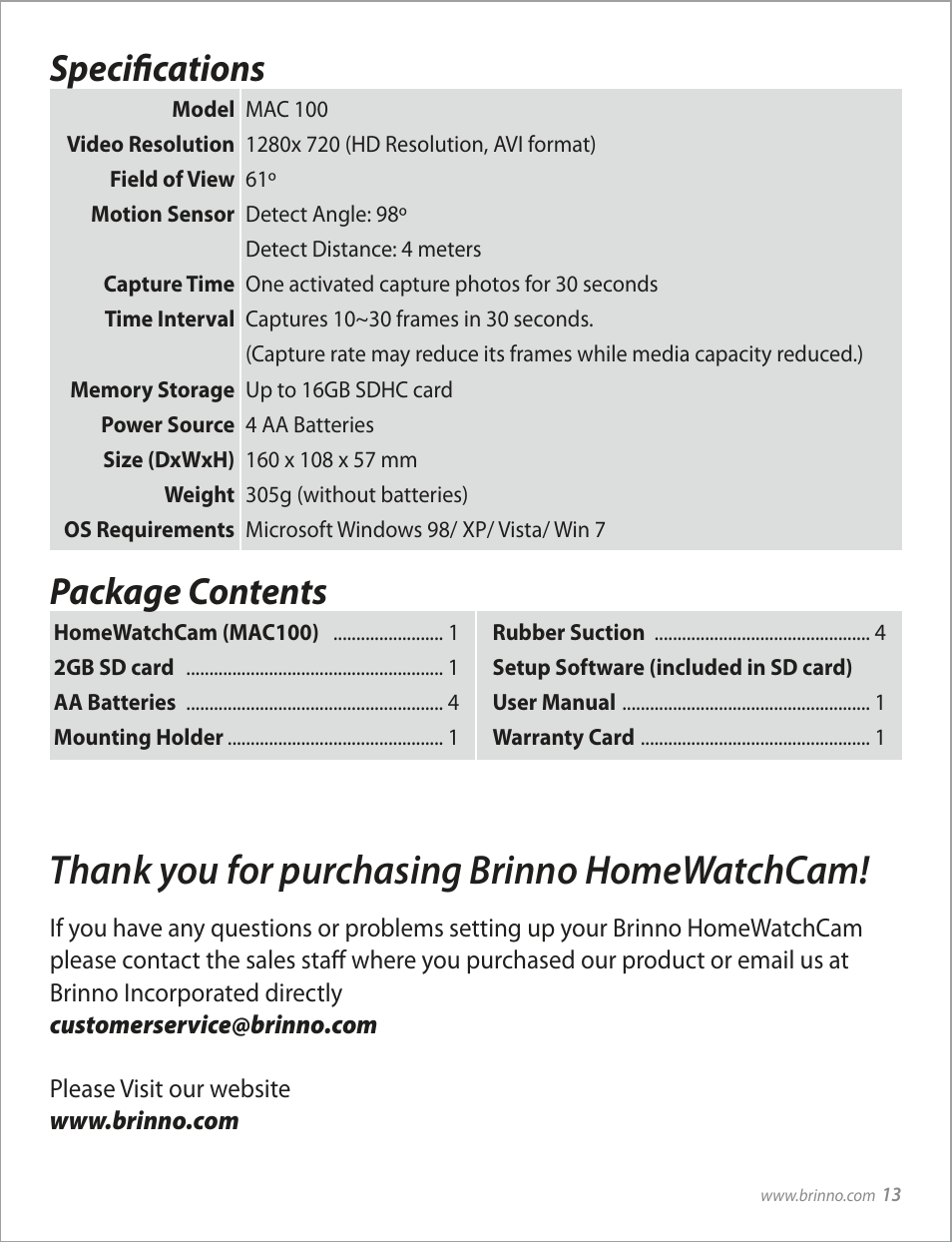 Specifications package contents | Brinno MAC100 User Manual | Page 15 / 16
