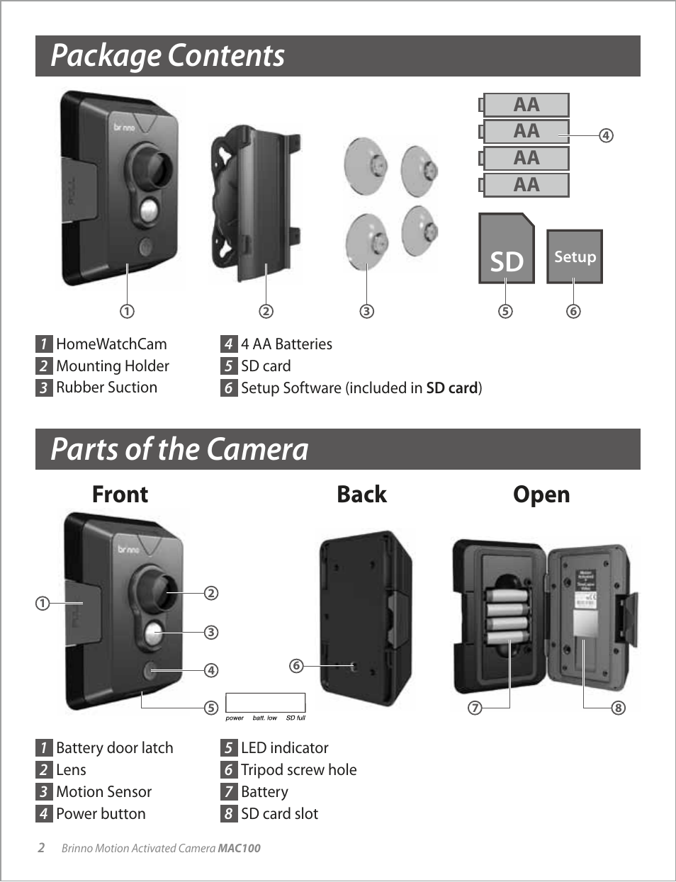 Package contents, Parts of the camera, Front back open | Brinno MAC100 User Manual | Page 4 / 16