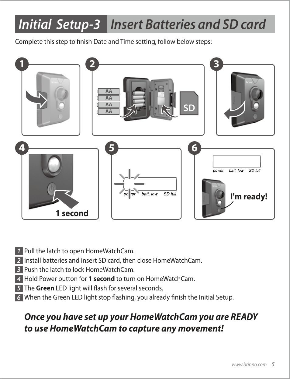 Initial setup-3 insert batteries and sd card | Brinno MAC100 User Manual | Page 7 / 16
