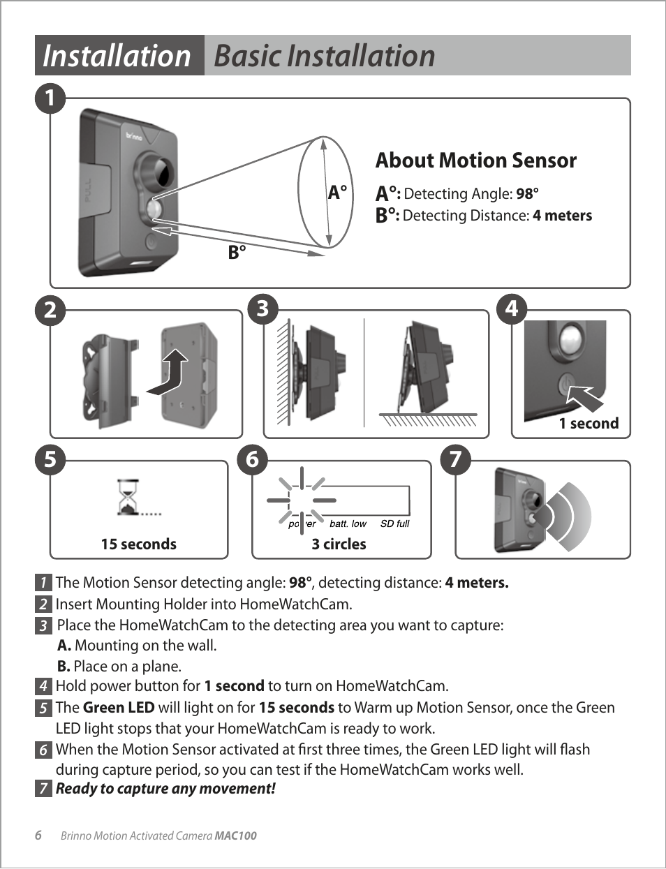 Installation basic installation, About motion sensor a | Brinno MAC100 User Manual | Page 8 / 16