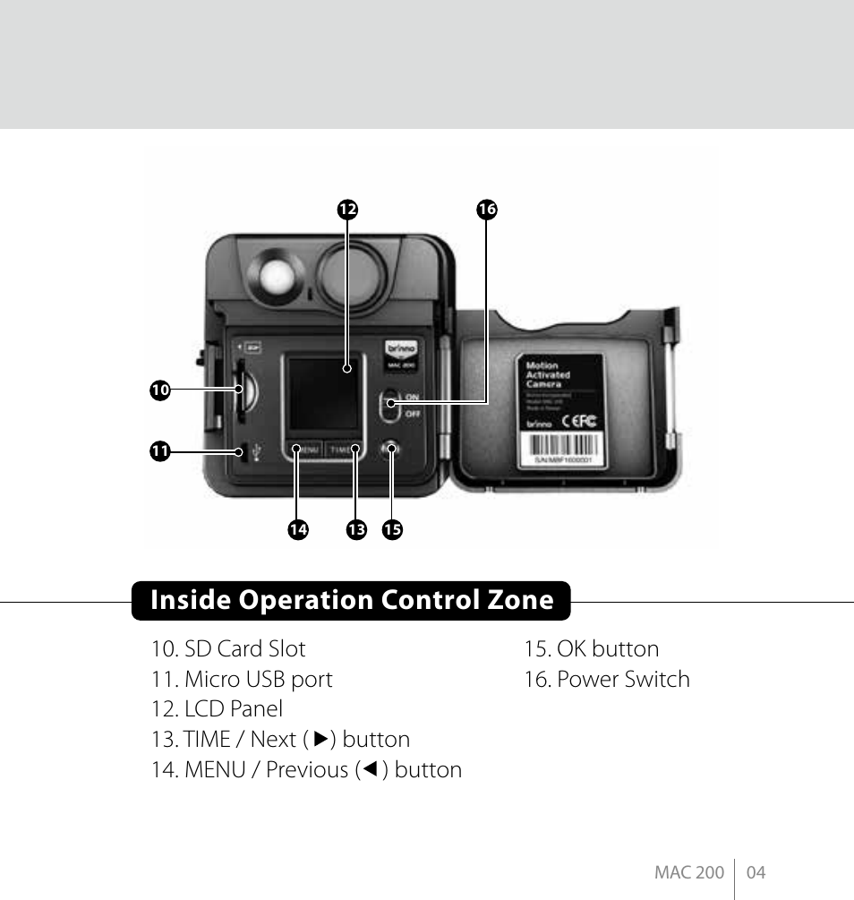 Inside operation control zone | Brinno MAC200 User Manual | Page 11 / 52