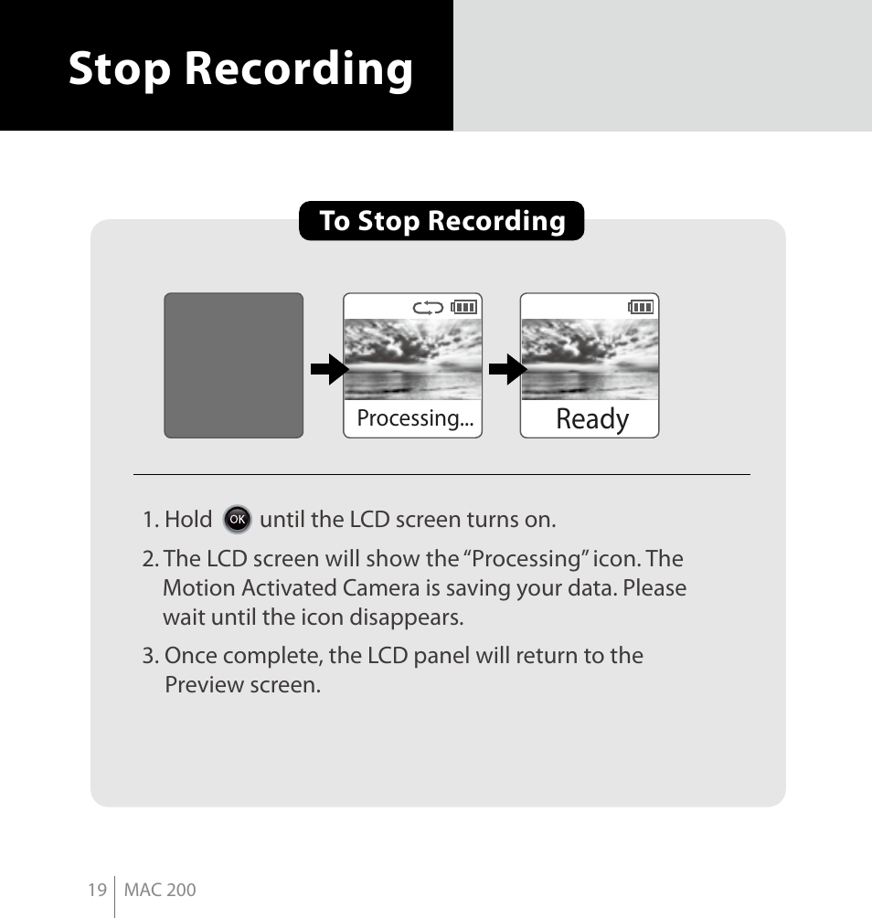 Stop recording, Ready | Brinno MAC200 User Manual | Page 26 / 52