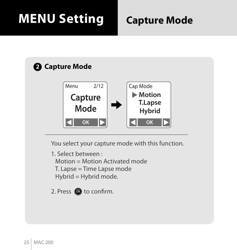 Menu setting, Capture mode, Capture | Mode | Brinno MAC200 User Manual | Page 32 / 52