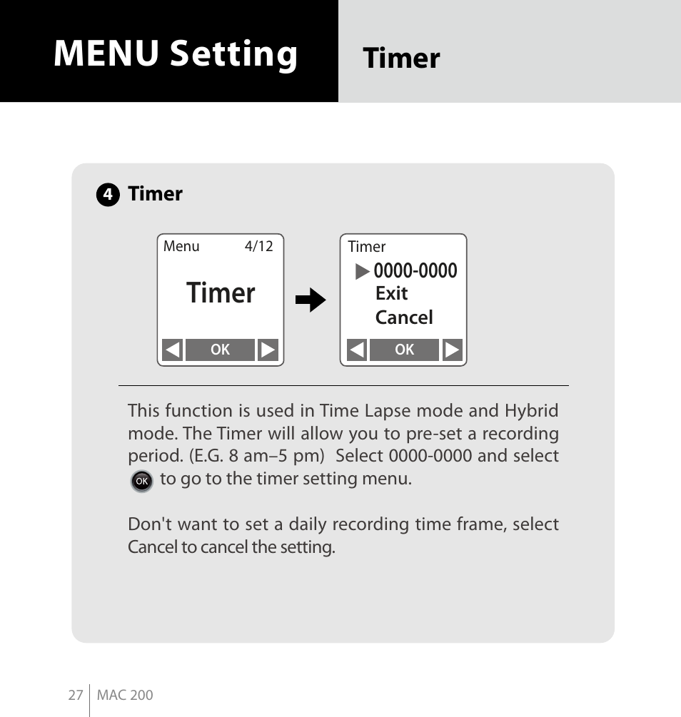 Menu setting, Timer | Brinno MAC200 User Manual | Page 34 / 52