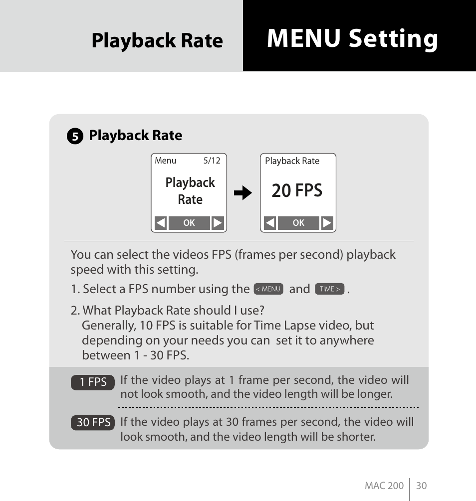 Menu setting, Playback rate | Brinno MAC200 User Manual | Page 37 / 52