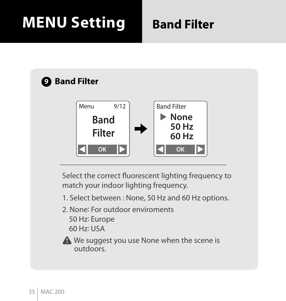 Menu setting, Band filter | Brinno MAC200 User Manual | Page 42 / 52