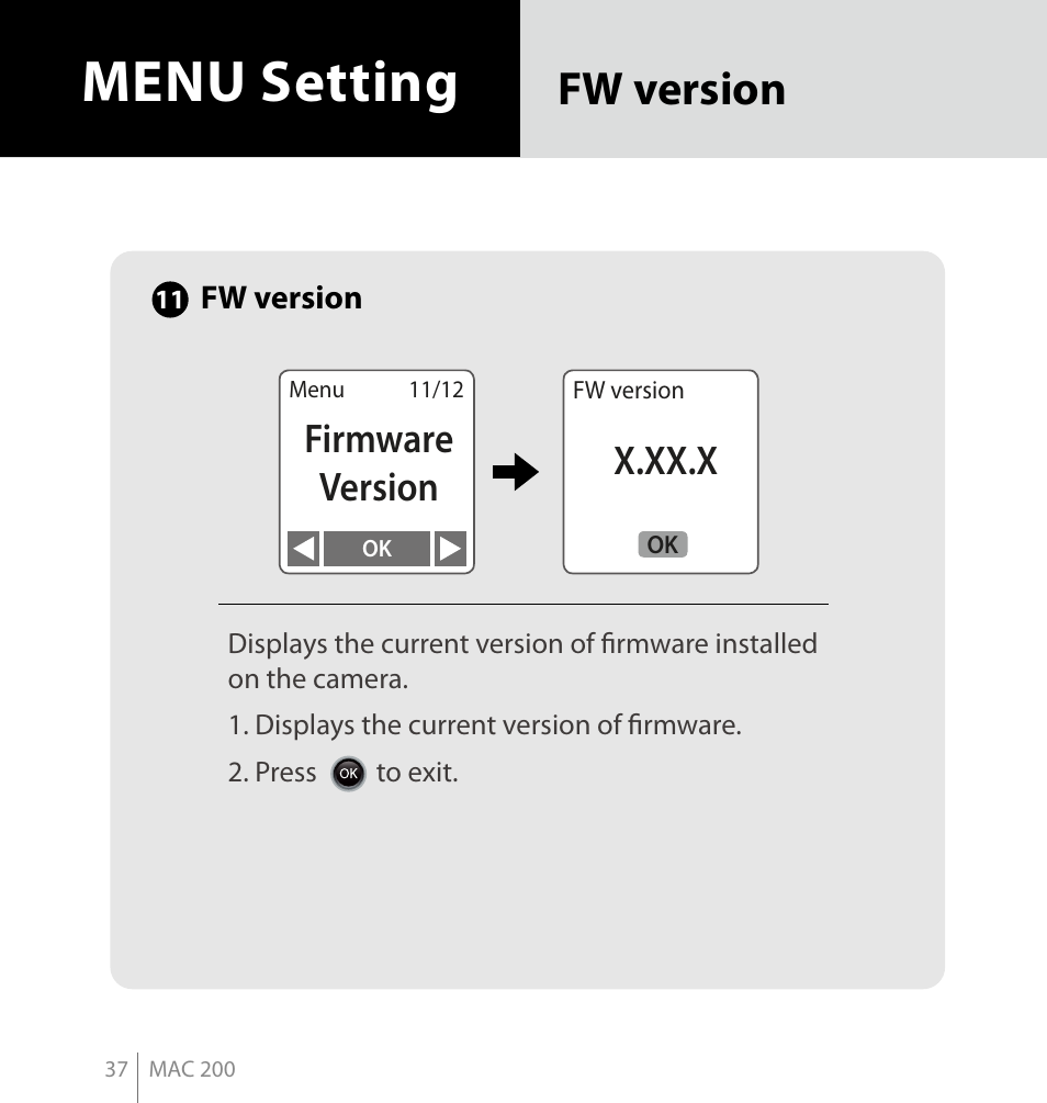 Menu setting, Fw version, Firmware version | X.xx.x | Brinno MAC200 User Manual | Page 44 / 52