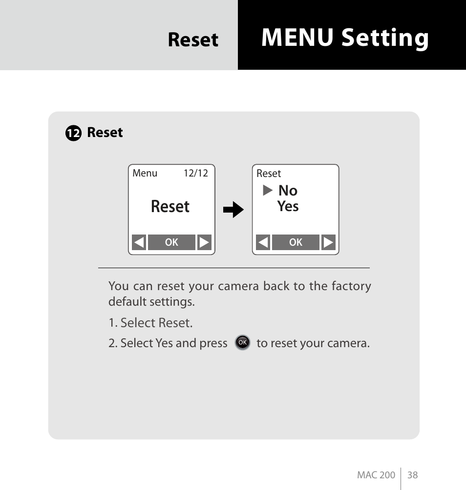 Menu setting, Reset | Brinno MAC200 User Manual | Page 45 / 52