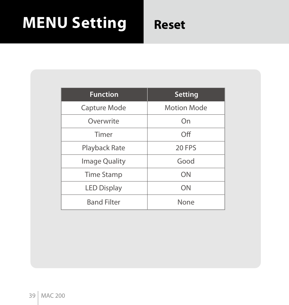 Menu setting, Reset | Brinno MAC200 User Manual | Page 46 / 52