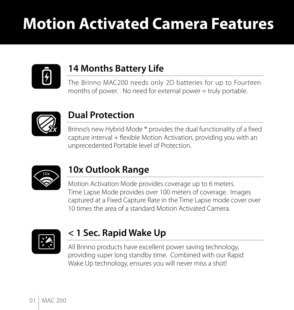 Motion activated camera features | Brinno MAC200 User Manual | Page 8 / 52