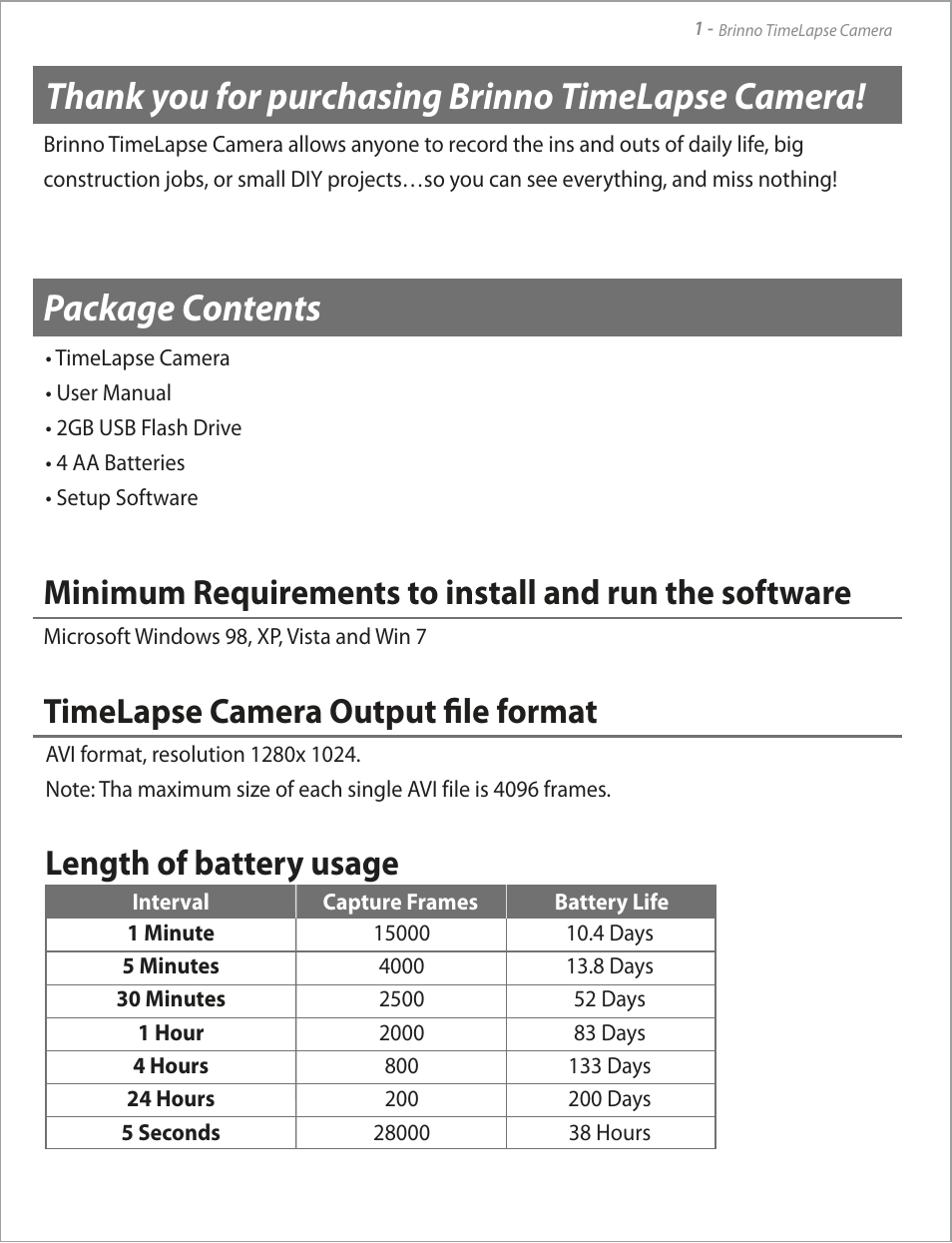 Package contents | Brinno TLC100 User Manual | Page 3 / 16