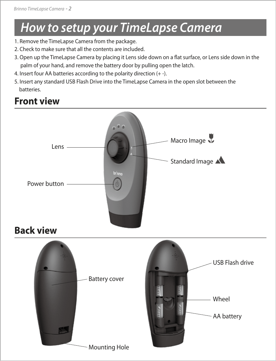 How to setup your timelapse camera, Front view back view | Brinno TLC100 User Manual | Page 4 / 16