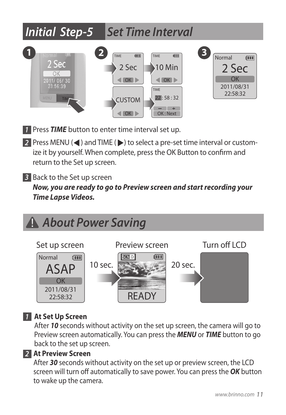 Asap, Initial step-5 set time interval, About power saving | 2 sec, Ready | Brinno TLC200 User Manual | Page 11 / 24