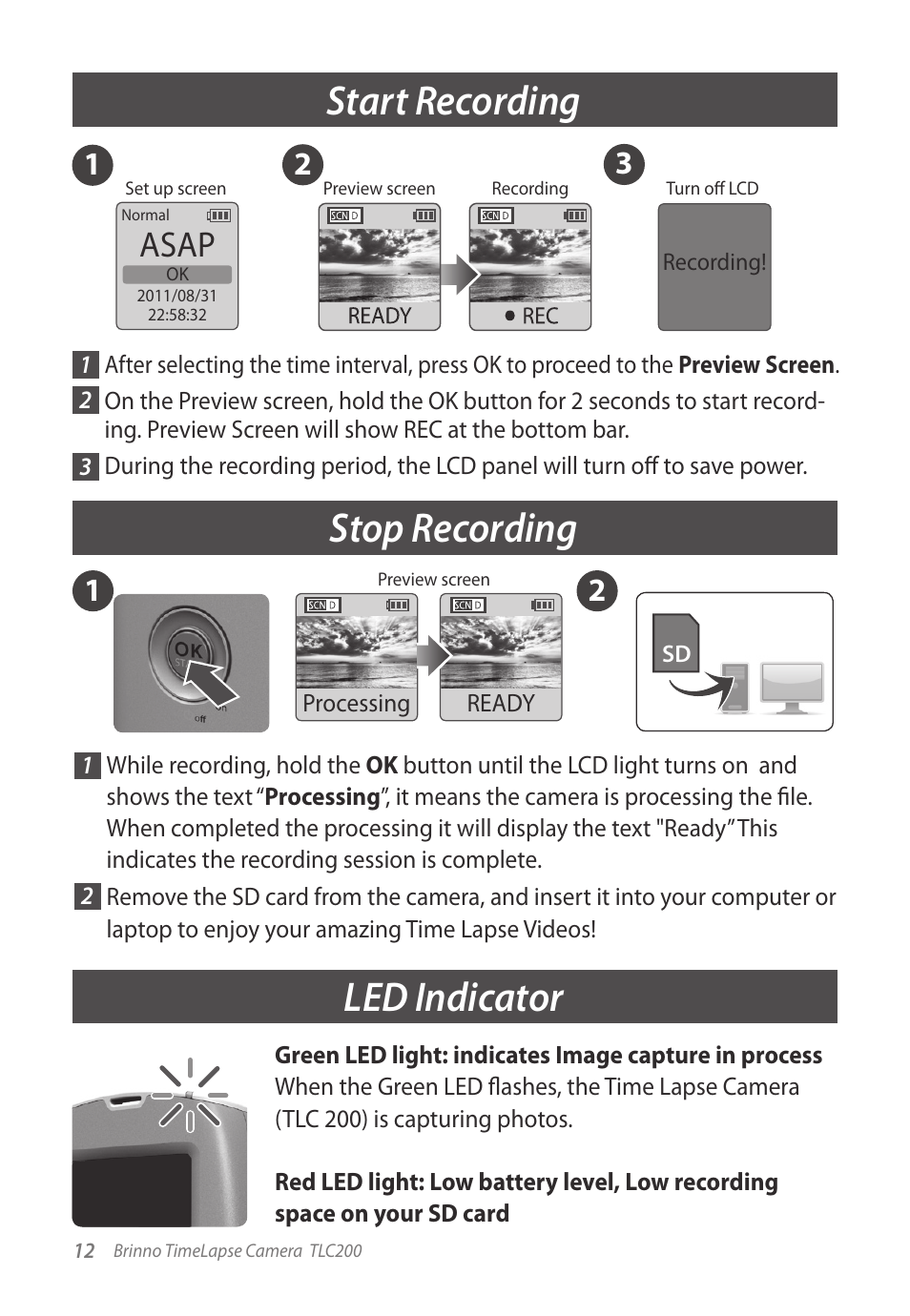 Start recording led indicator, Stop recording, Asap | Brinno TLC200 User Manual | Page 12 / 24