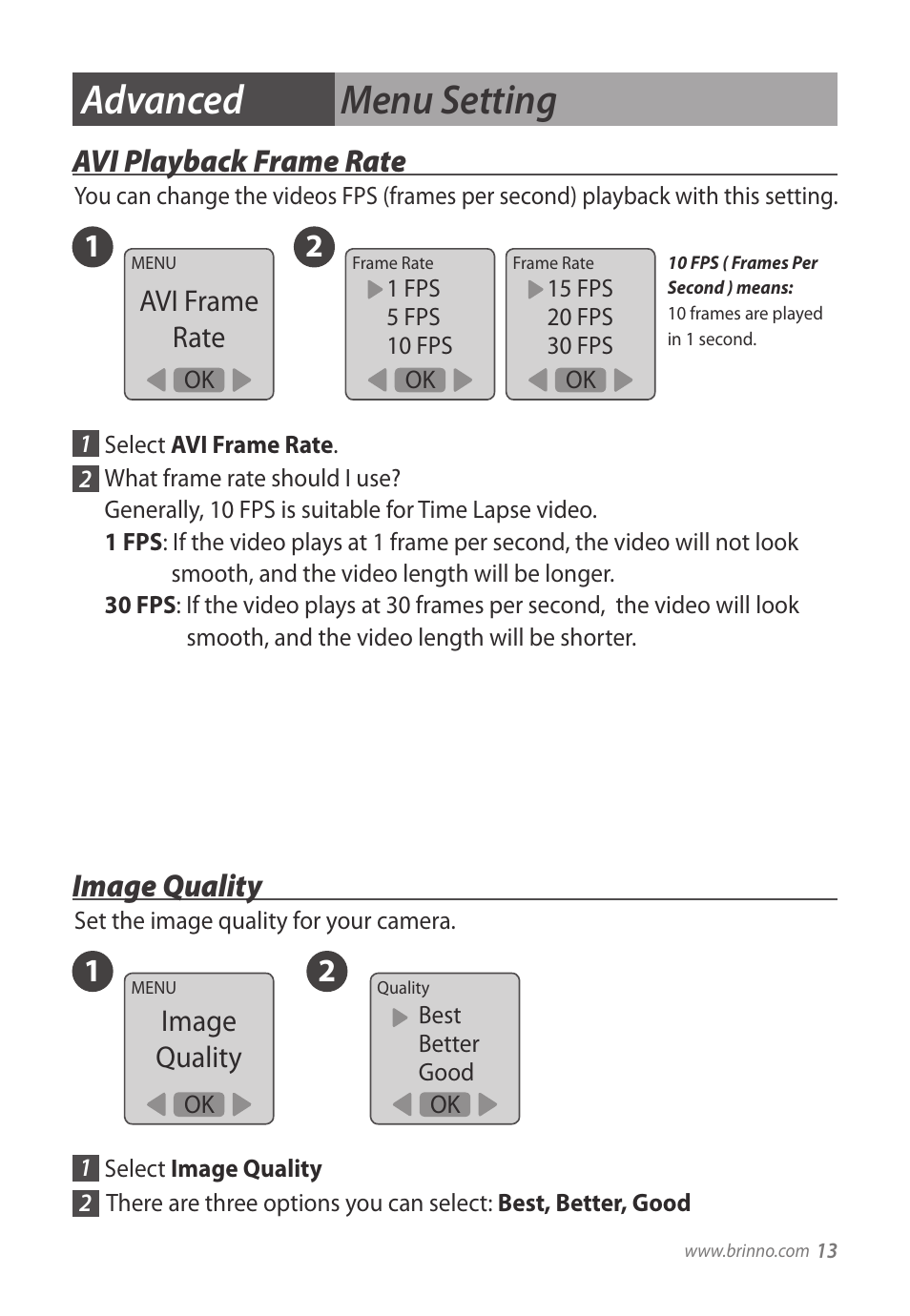 Advanced menu setting, 12 avi playback frame rate, 12 image quality | Brinno TLC200 User Manual | Page 13 / 24