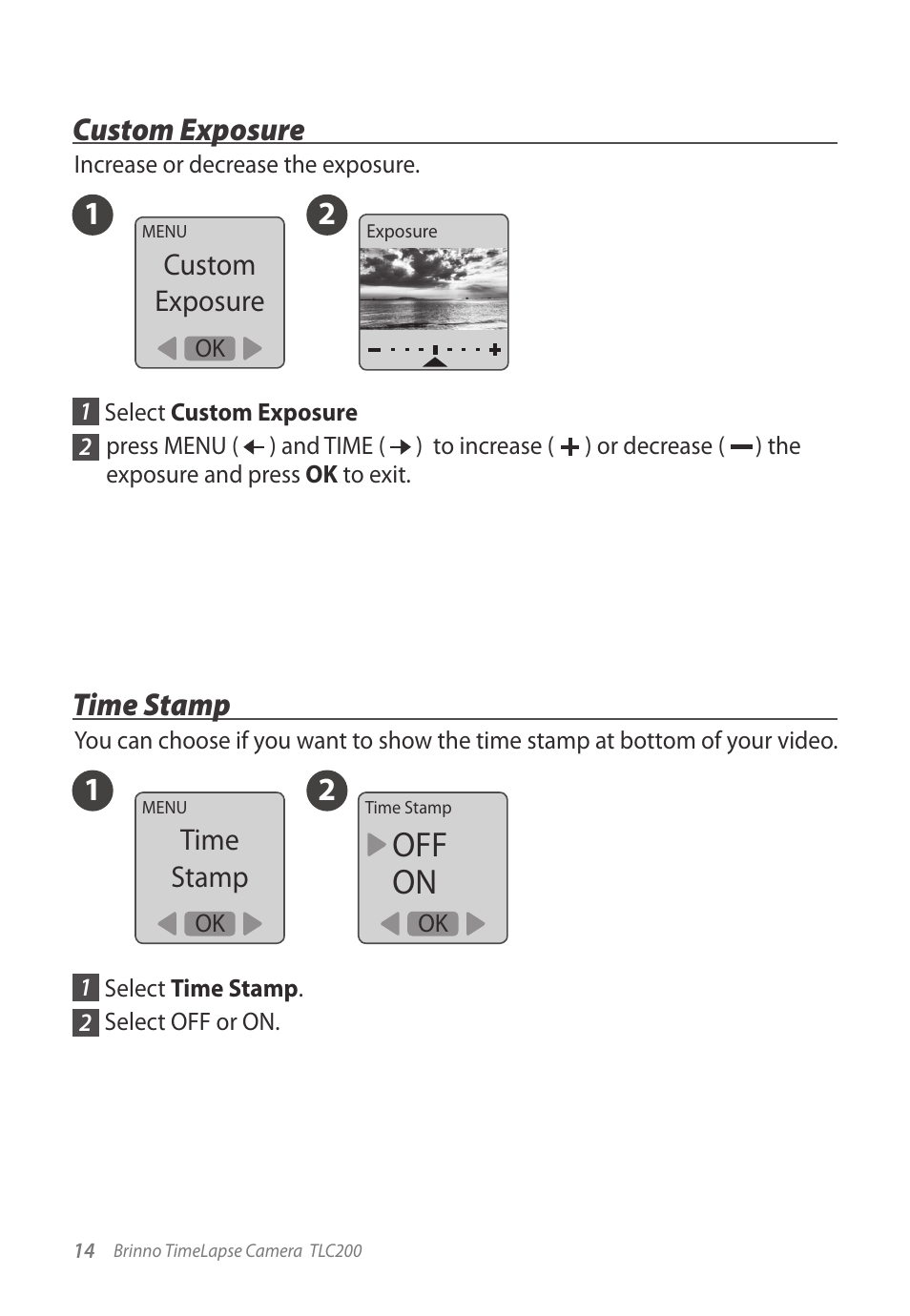Off on, 12 time stamp, 12 custom exposure | Brinno TLC200 User Manual | Page 14 / 24