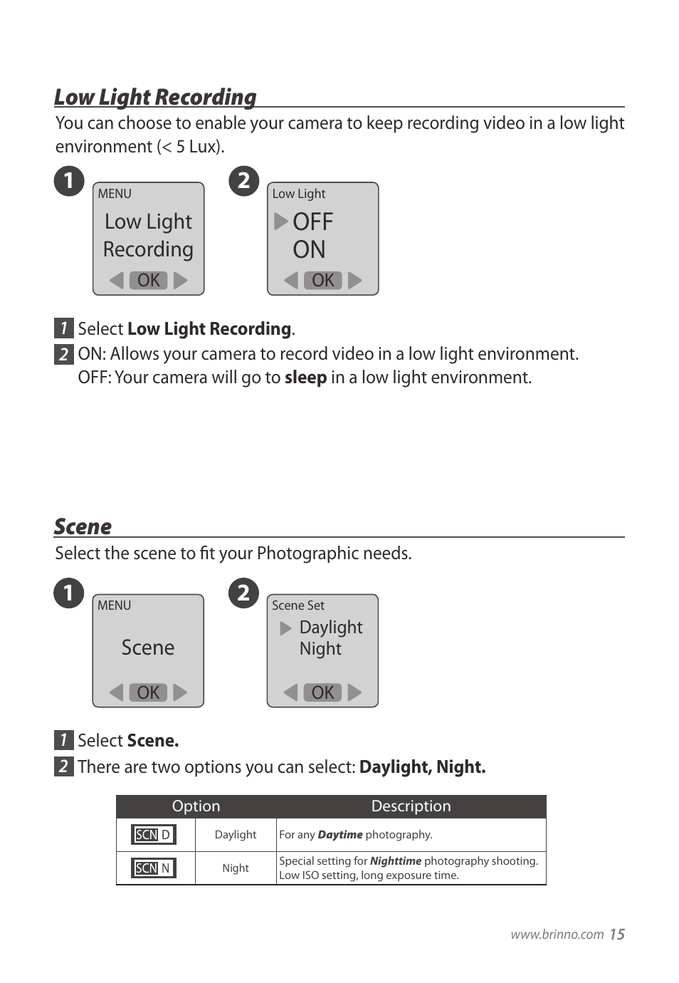 Off on, 12 low light recording, 12 scene | Low light recording, Scene | Brinno TLC200 User Manual | Page 15 / 24