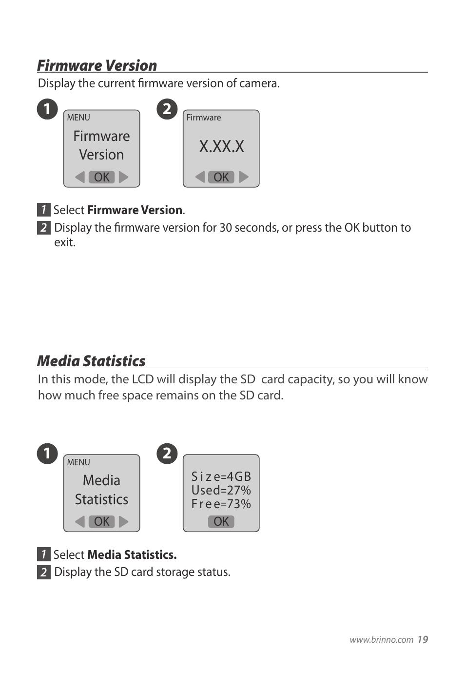 X.xx.x, 12 firmware version, 12 media statistics | Brinno TLC200 User Manual | Page 19 / 24
