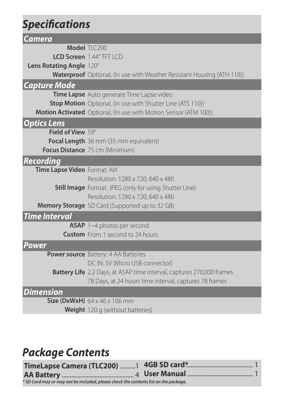 Specifications package contents, Camera, Capture mode | Optics lens, Recording, Time interval, Power, Dimension | Brinno TLC200 User Manual | Page 23 / 24